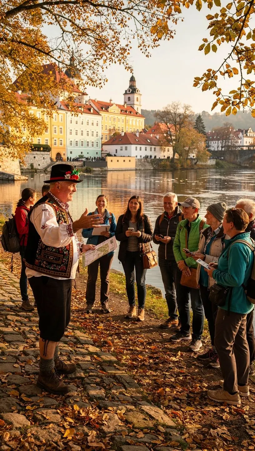 Pohled na historický hrad Český Krumlov z výšky nad řekou Vltavou.